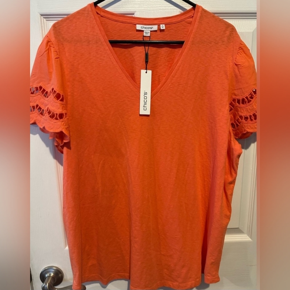 Chico's Tee Top Orange Ruffled Short Sleeve XL  NWT